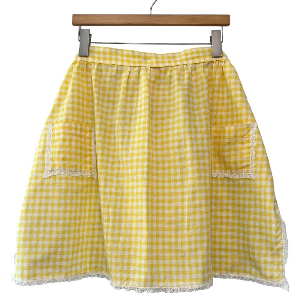Handmade Yellow White Gingham Half Apron With Lace Trim Pockets Vintage Style - Picture 2 of 8